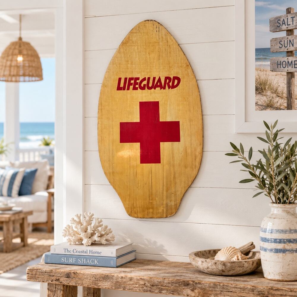Vintage 1960s 70s Lifeguard Red Cross Wood Skimboard Beach Decor 37 Inch